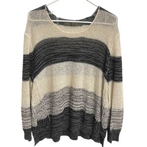 Enza Costa Womens Medium Striped Open Knit Linen Blend Sweater Coastal Boho M